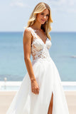 Ivory Spaghetti Straps Appliqued Wedding Dress with Slit
