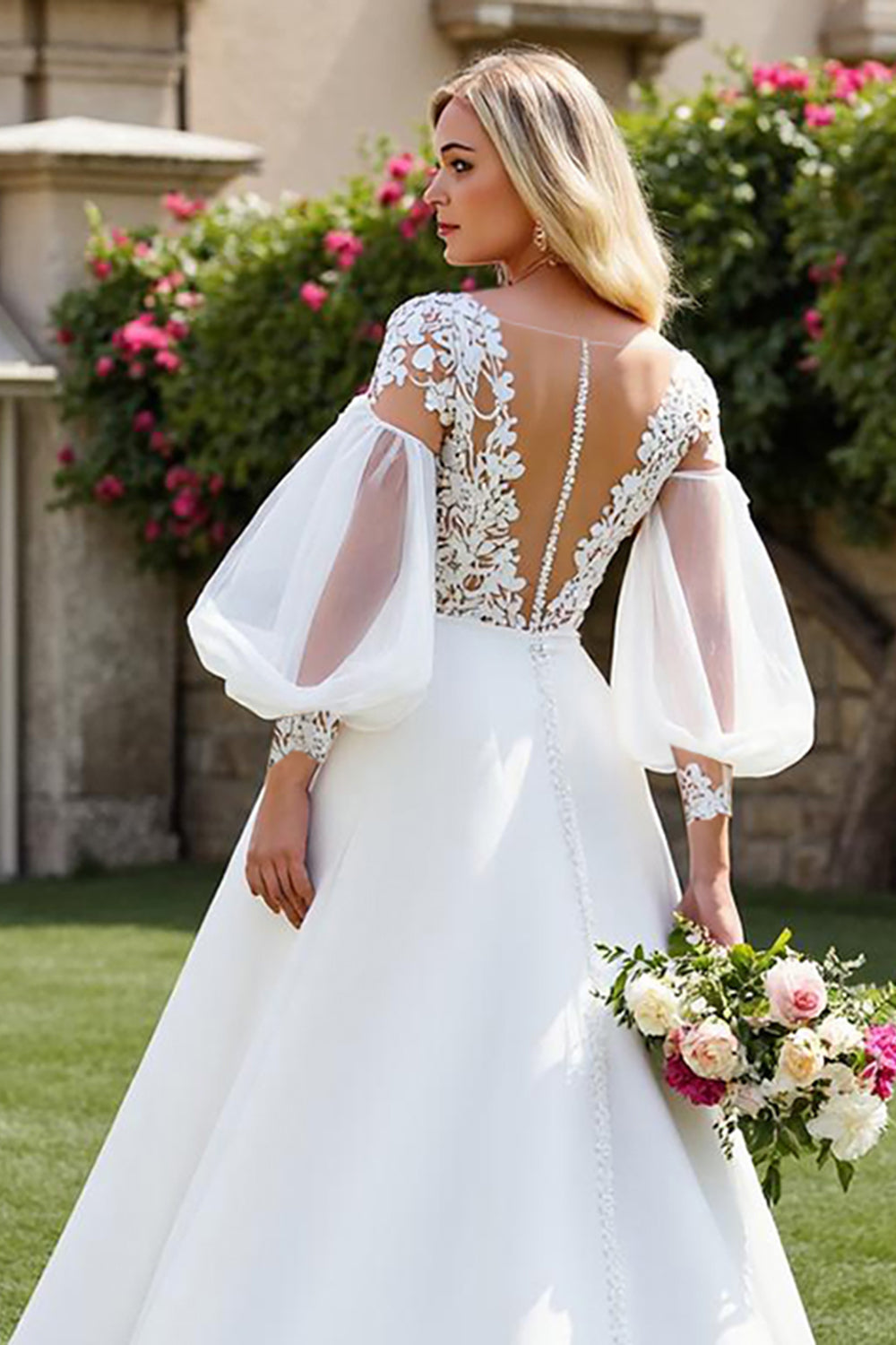 A Line Ivory Puff Sleeve Wedding Dress with Appliques