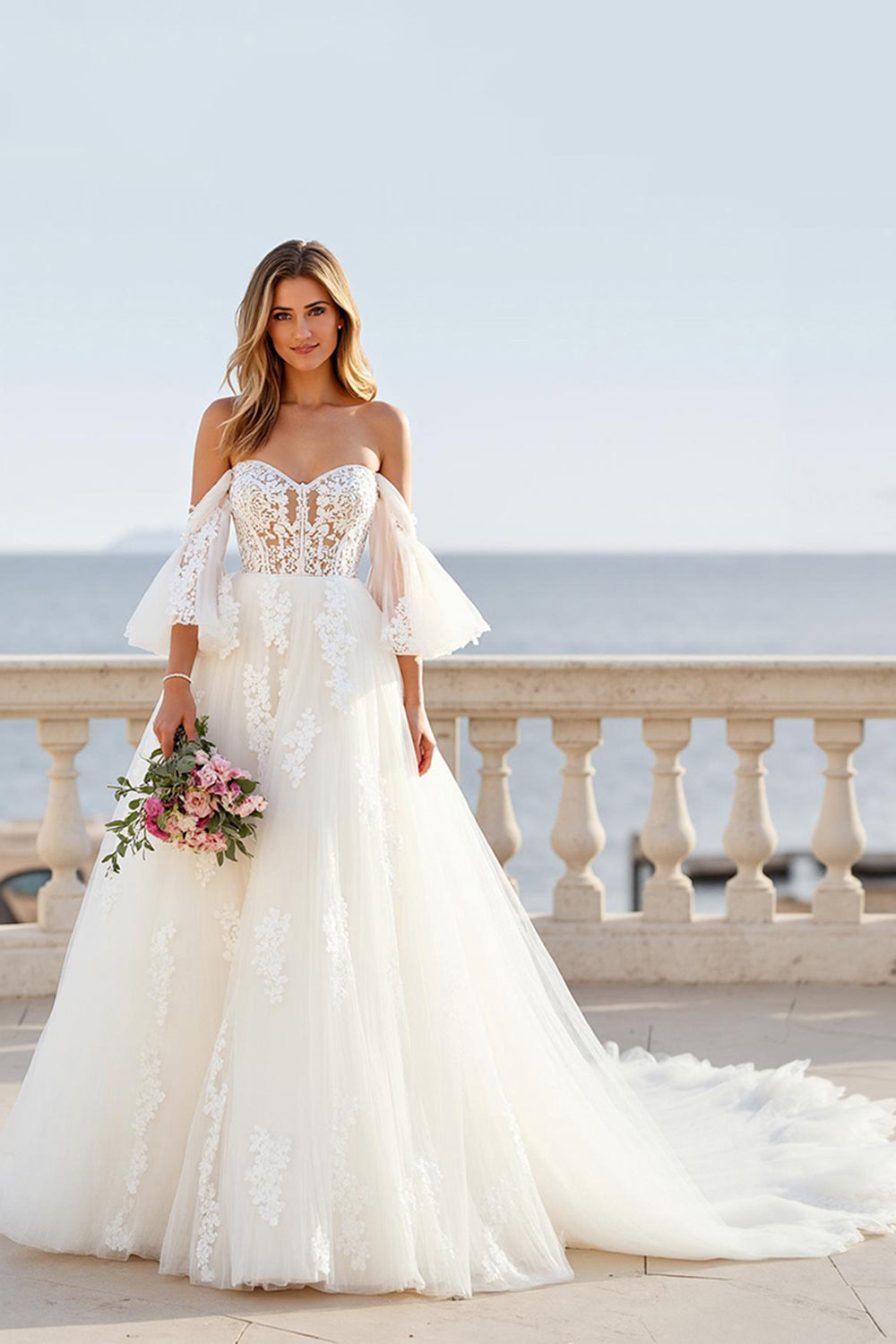 Off The Shoulder A Line Ivory Appliqued Wedding Dress
