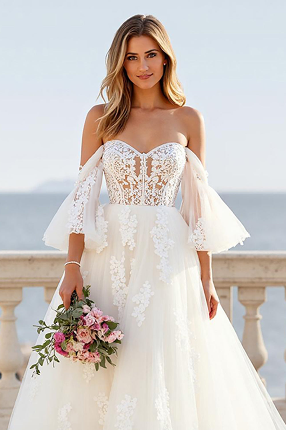 Off The Shoulder A Line Ivory Appliqued Wedding Dress