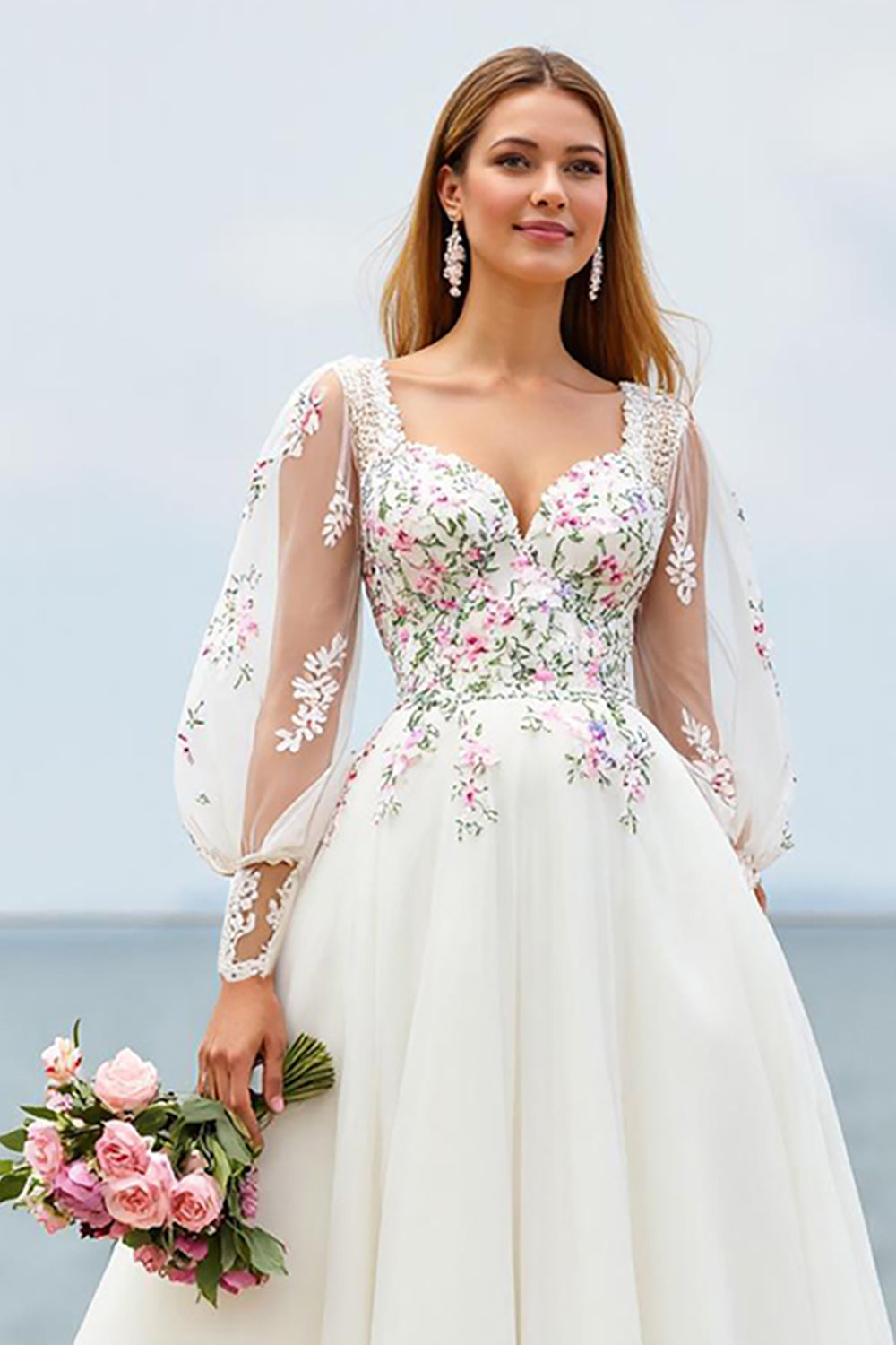Floral Ivory A Line Long Wedding Dress with Appliques
