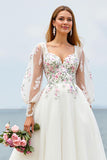 Floral Ivory A Line Long Wedding Dress with Appliques