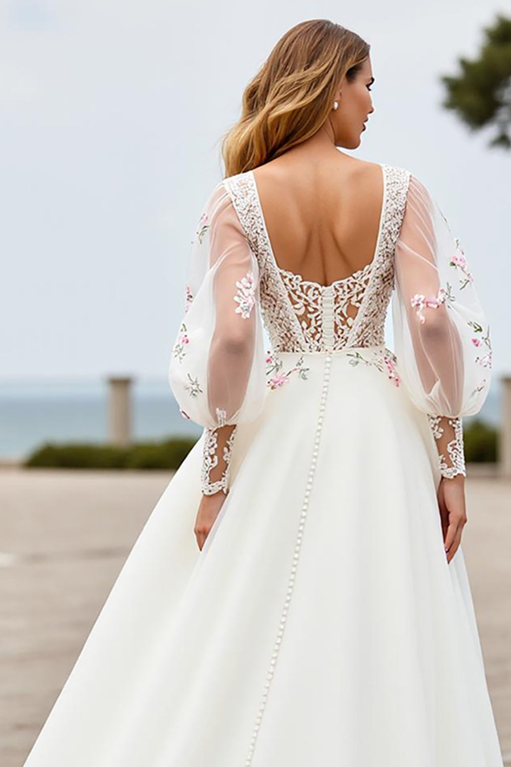 Floral Ivory A Line Long Wedding Dress with Appliques