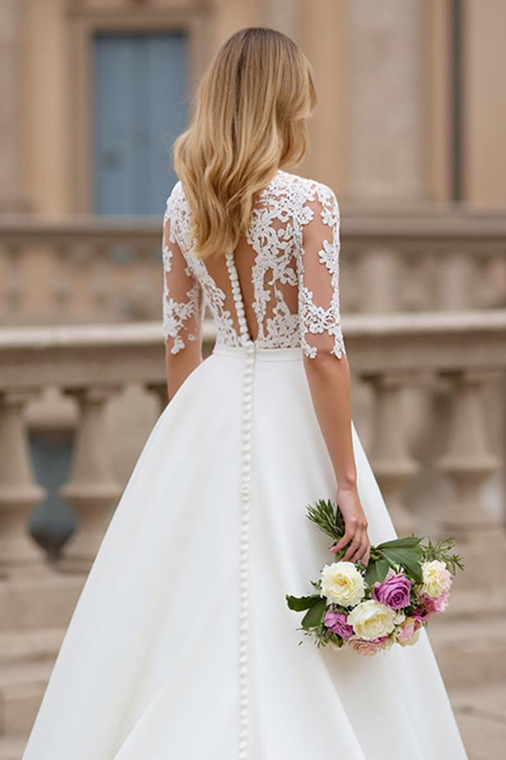 Ivory A Line High Neck Wedding Dress with Lace