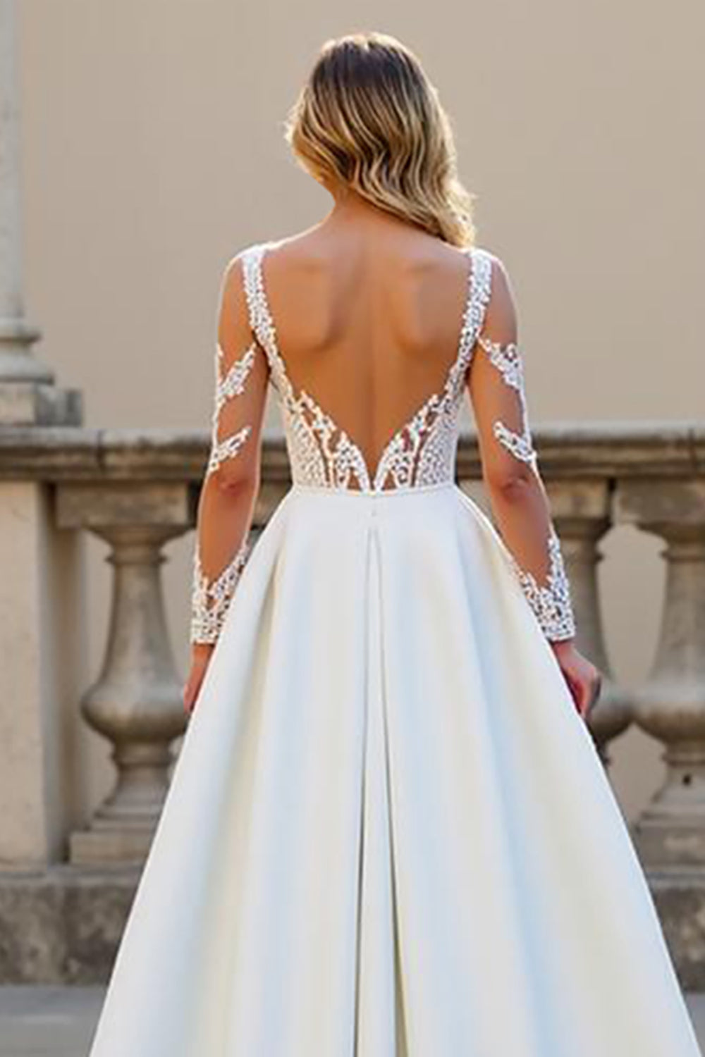Appliqued Ivory A Line Long Sleeve Wedding Dress