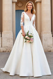 Ivory A Line V Neck 3/4 Sleeve Wedding Dress