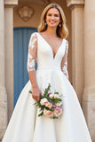 Ivory A Line V Neck 3/4 Sleeve Wedding Dress