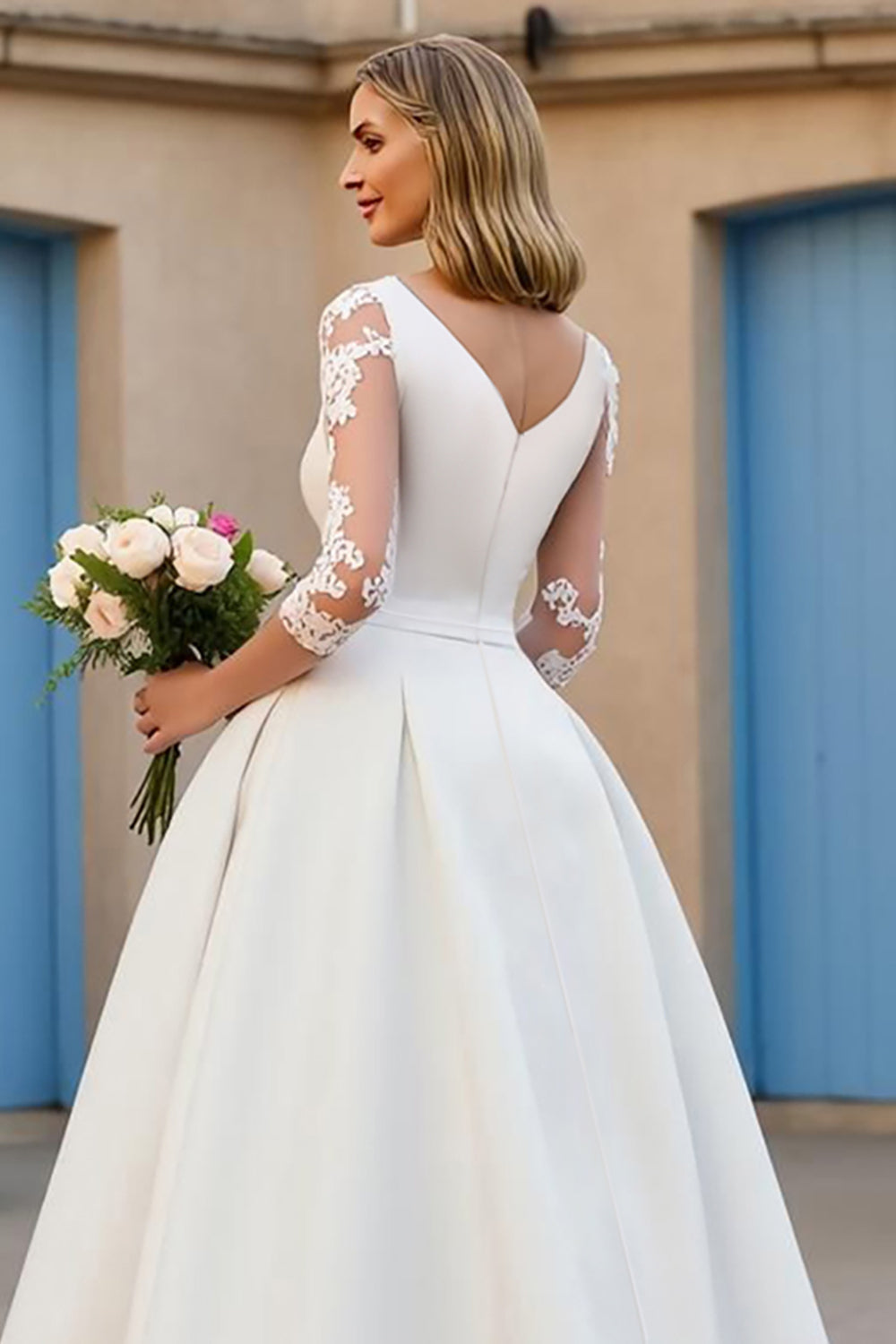 Ivory A Line V Neck 3/4 Sleeve Wedding Dress
