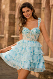 Blue Flower Corset Tiered Ruffle A-Line Homecoming Dress