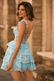 Blue Flower Corset Tiered Ruffle A-Line Homecoming Dress