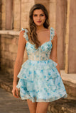 Blue Flower Corset Tiered Ruffle A-Line Homecoming Dress