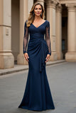 Navy Mermaid Long Sleeve Mother Of The Bride Dress With Appliques