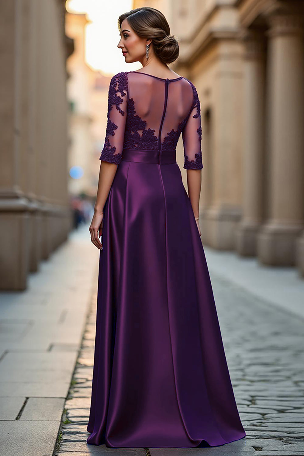 Purple A-Line Satin Appliqued Mother Of The Bride Dress