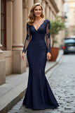 Black Mermaid V-Neck Appliqued Mother Of The Bride Dress