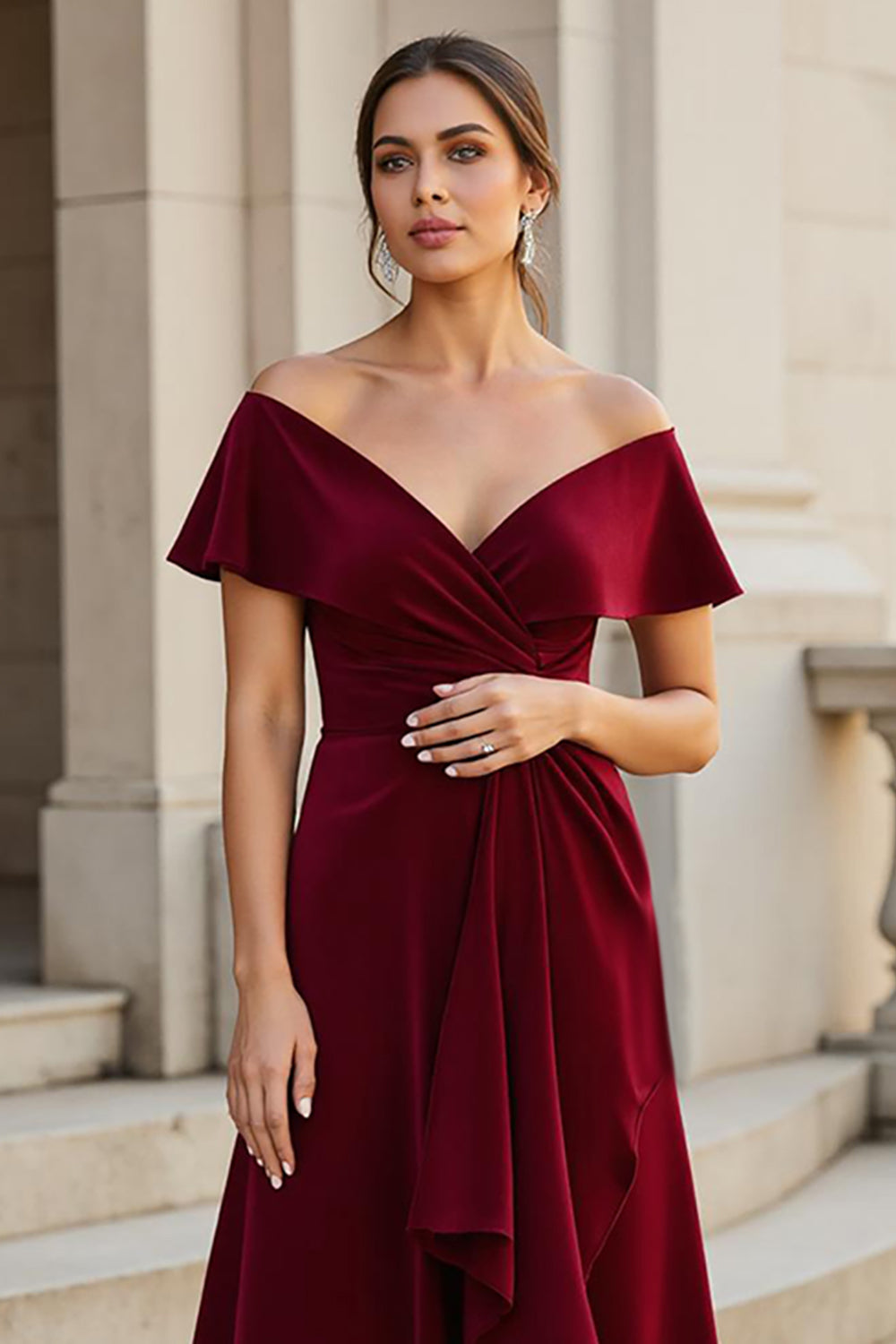 A-Line Burgundy Off The Shoulder Mother Of The Bride Dress