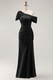 One Shoulder Black Mermaid Appliqued Mother Of The Bride Dress