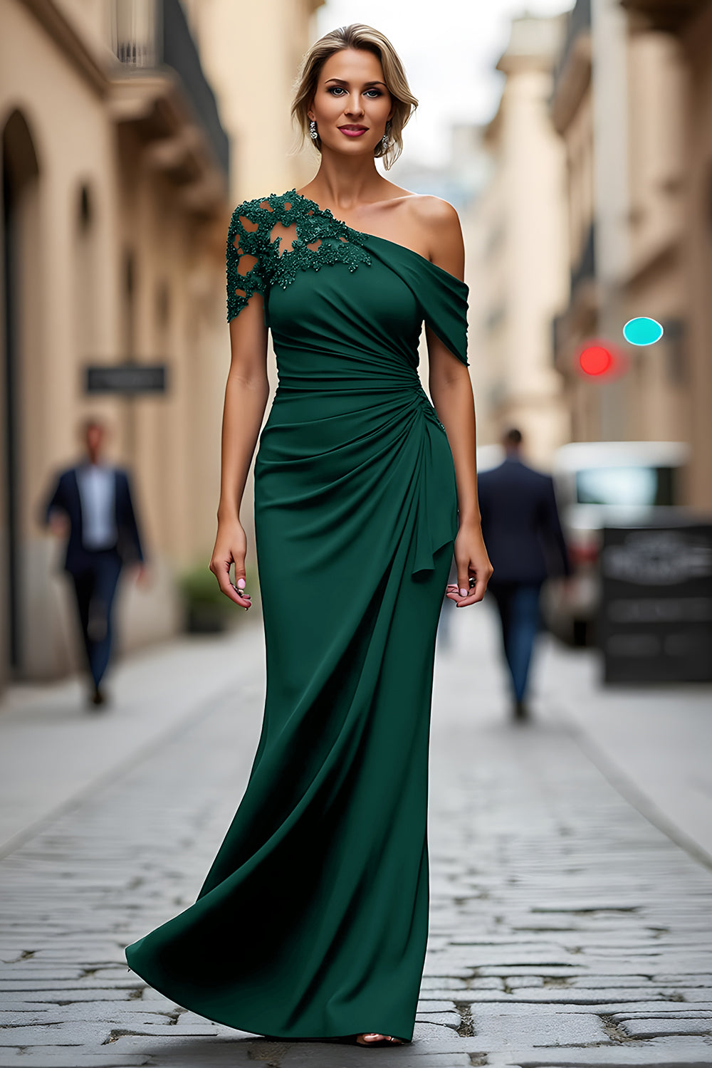 One Shoulder Black Mermaid Appliqued Mother Of The Bride Dress