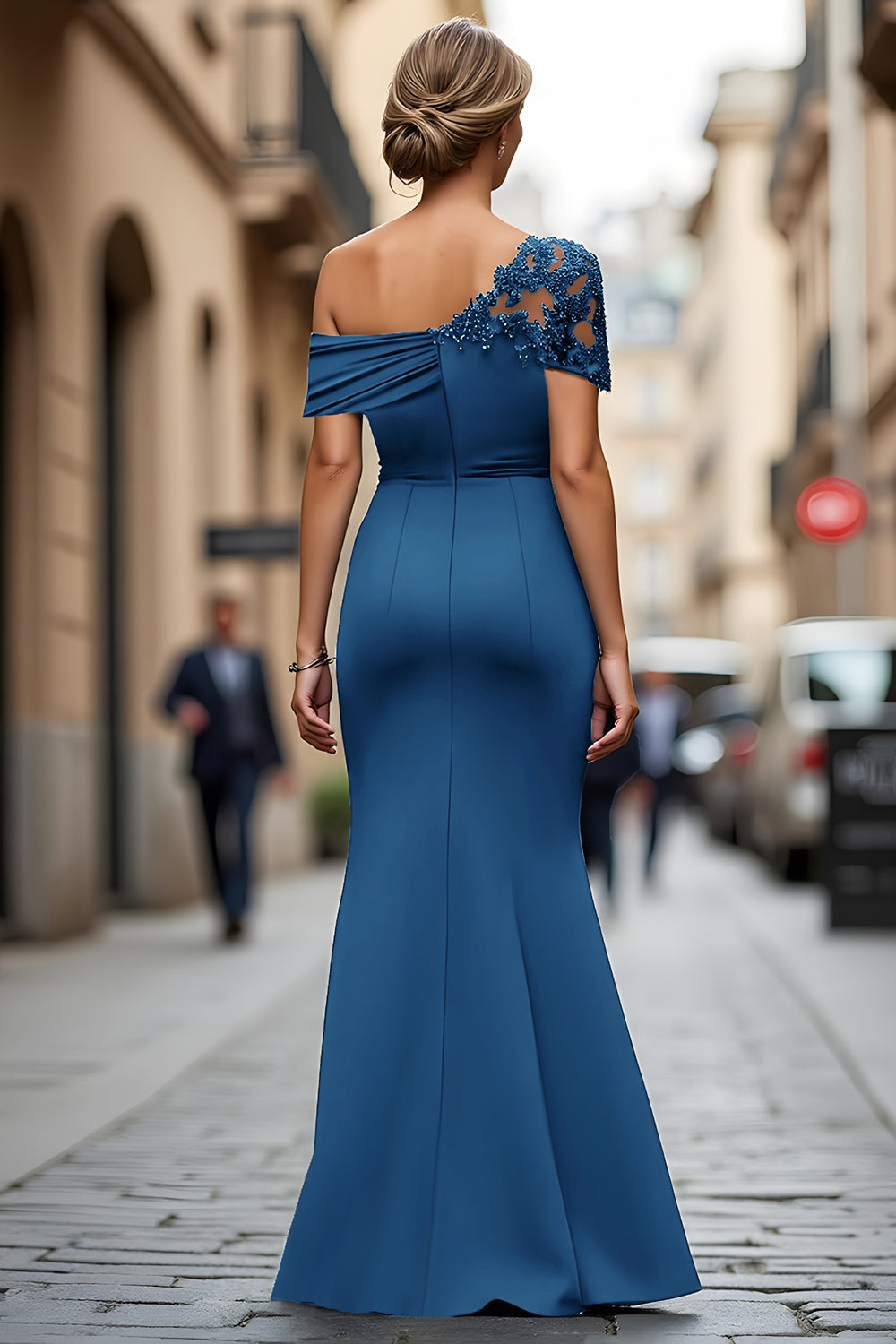 One Shoulder Black Mermaid Appliqued Mother Of The Bride Dress