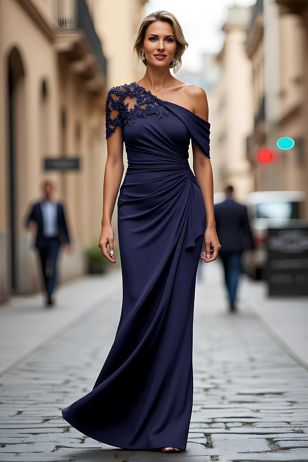 One Shoulder Black Mermaid Appliqued Mother Of The Bride Dress