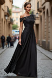 Black A-Line One Shoulder Appliqued Mother Of The Bride Dress