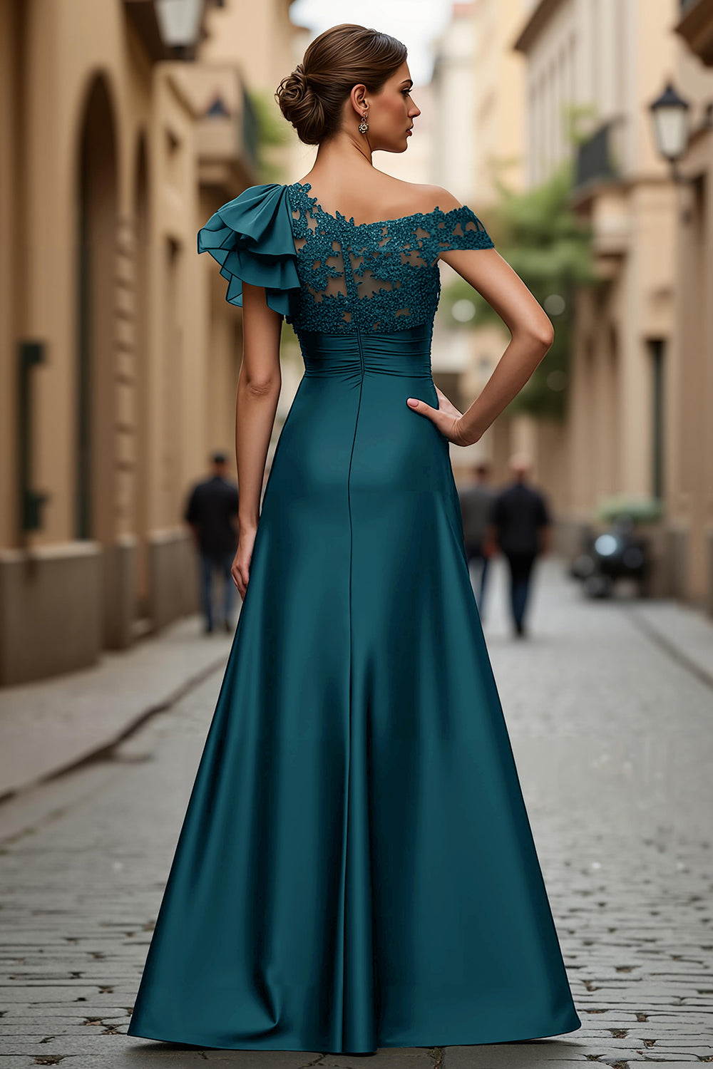 Black A-Line One Shoulder Appliqued Mother Of The Bride Dress