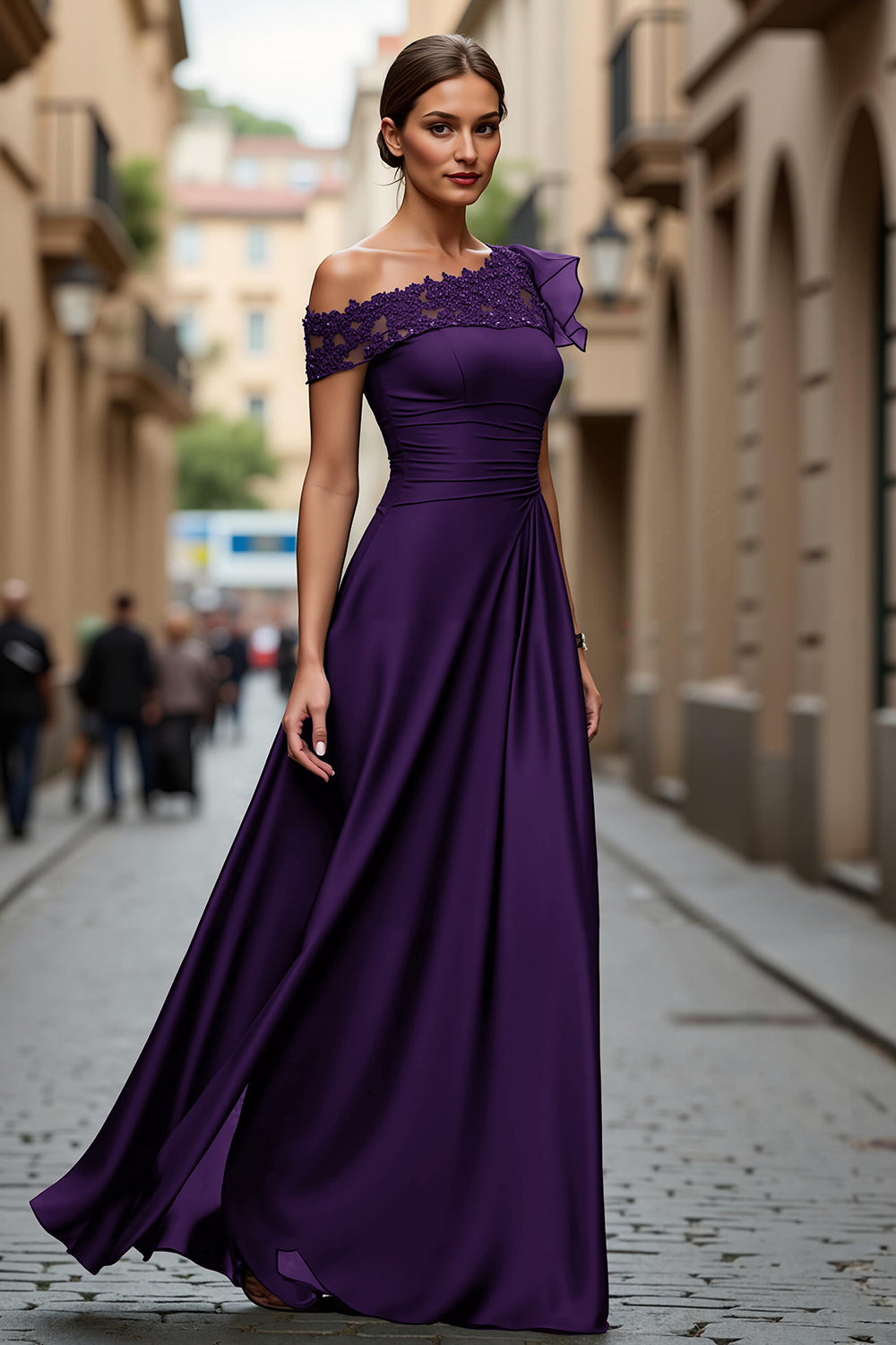 Black A-Line One Shoulder Appliqued Mother Of The Bride Dress