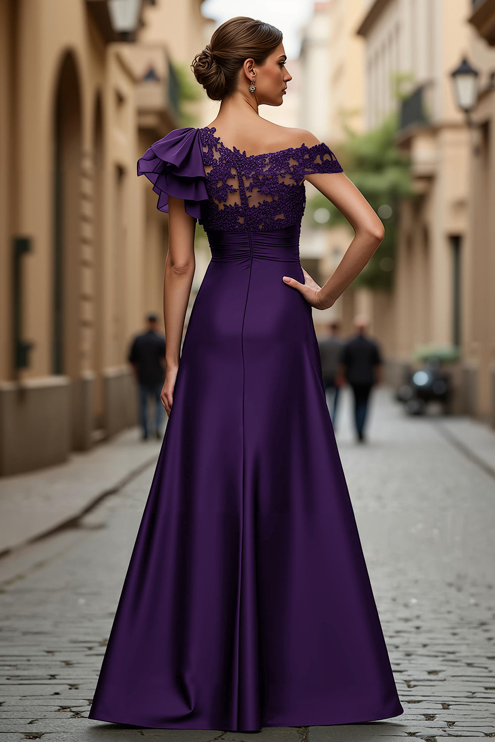 Black A-Line One Shoulder Appliqued Mother Of The Bride Dress
