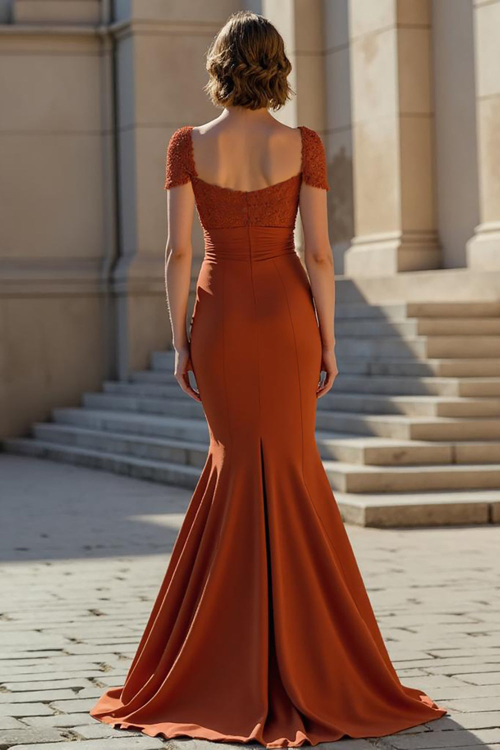 Rust Mermaid Mother Of The Bride Dress with Cap Sleeves