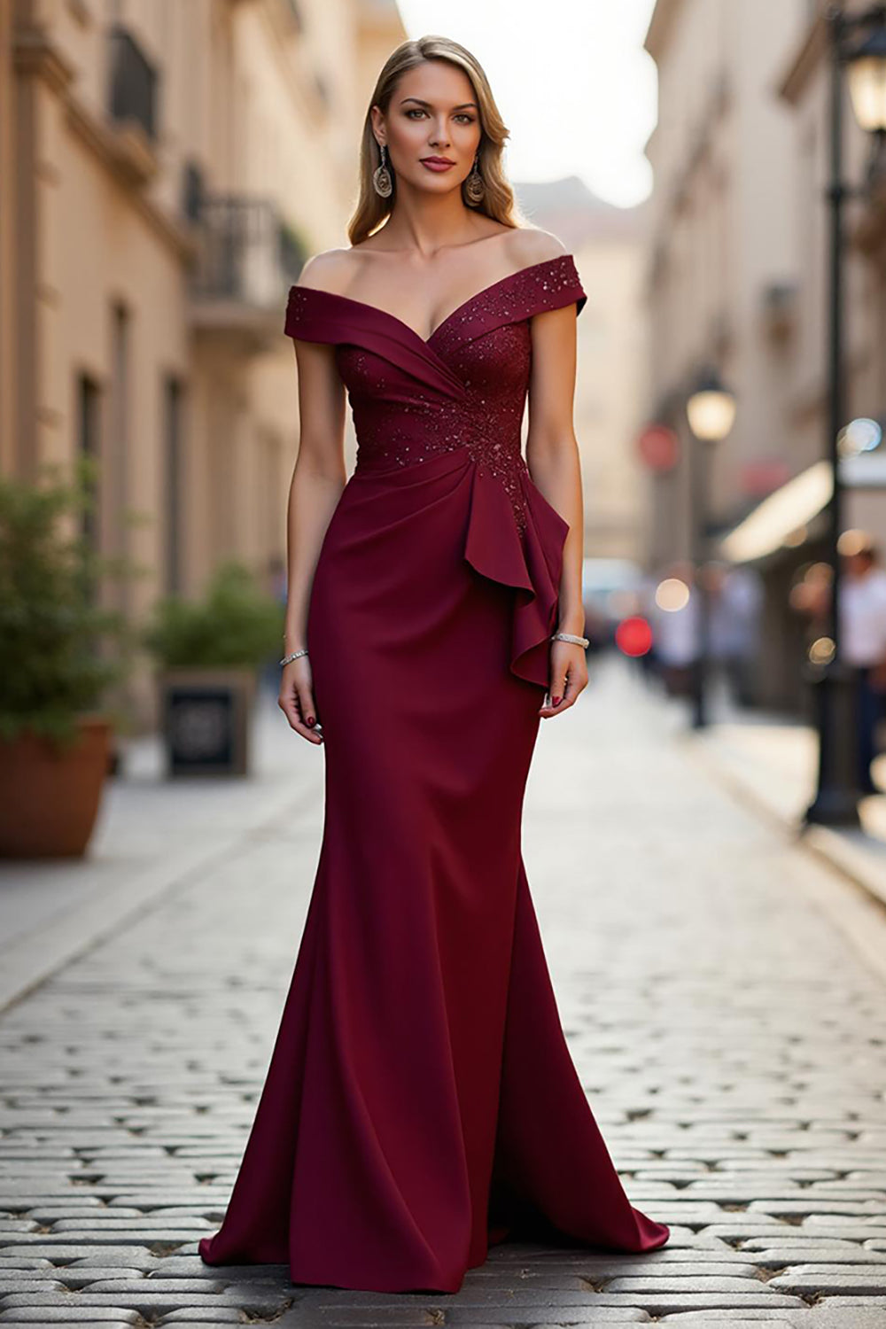 Off The Shoulder Mermaid Burgundy Mother Of The Bride Dress with Sash