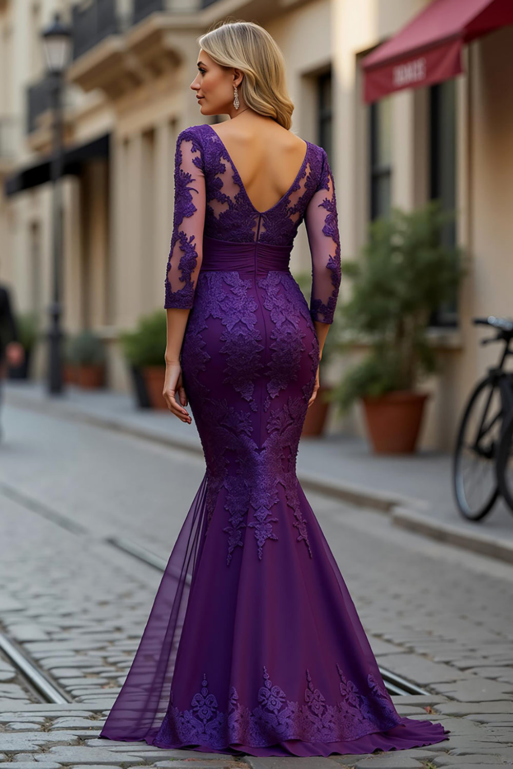 Long Sleeve Purple Mermaid Mother Of The Bride Dress With Appliques