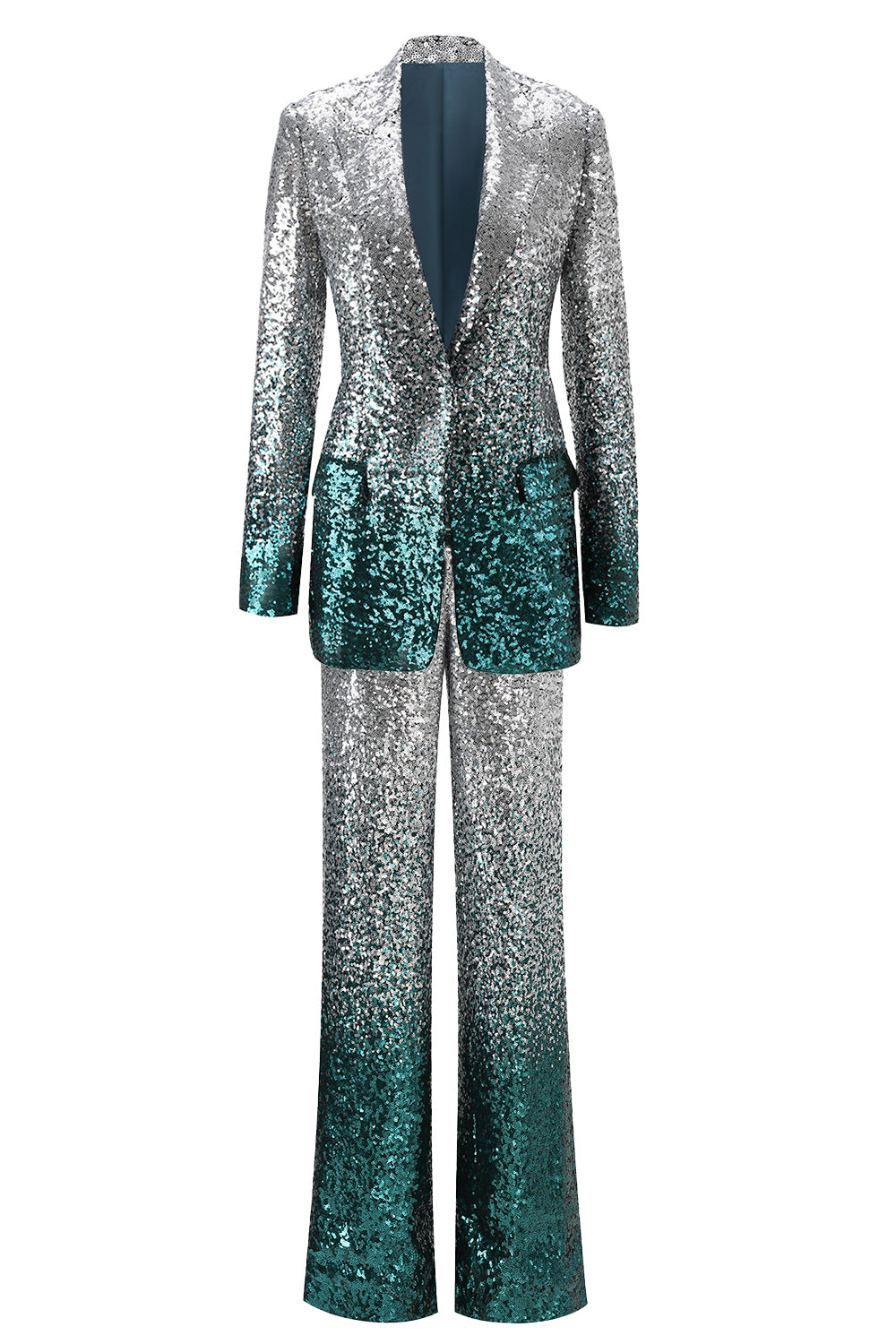Sparkly 2-Piece Silver and Peacock Peak Lapel Women Prom Suits