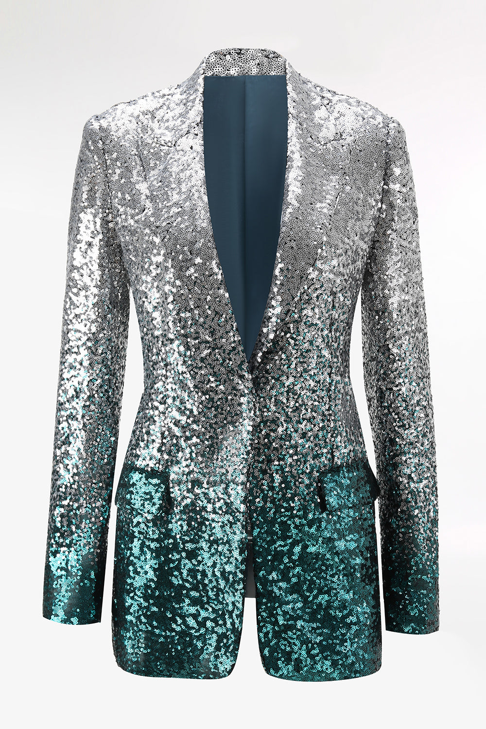 Sparkly 2-Piece Silver and Peacock Peak Lapel Women Prom Suits
