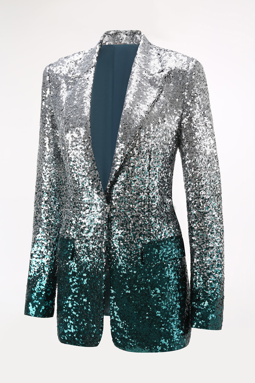 Sparkly 2-Piece Silver and Peacock Peak Lapel Women Prom Suits