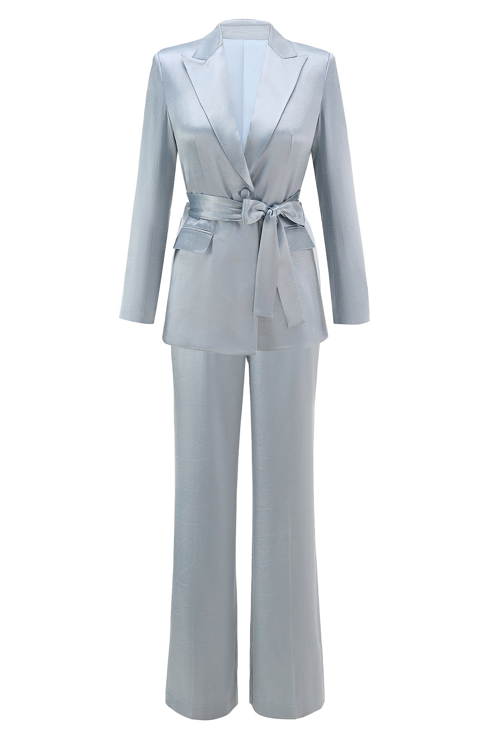 Dusty Blue Satin 2-Piece Women Work Suits With Sash