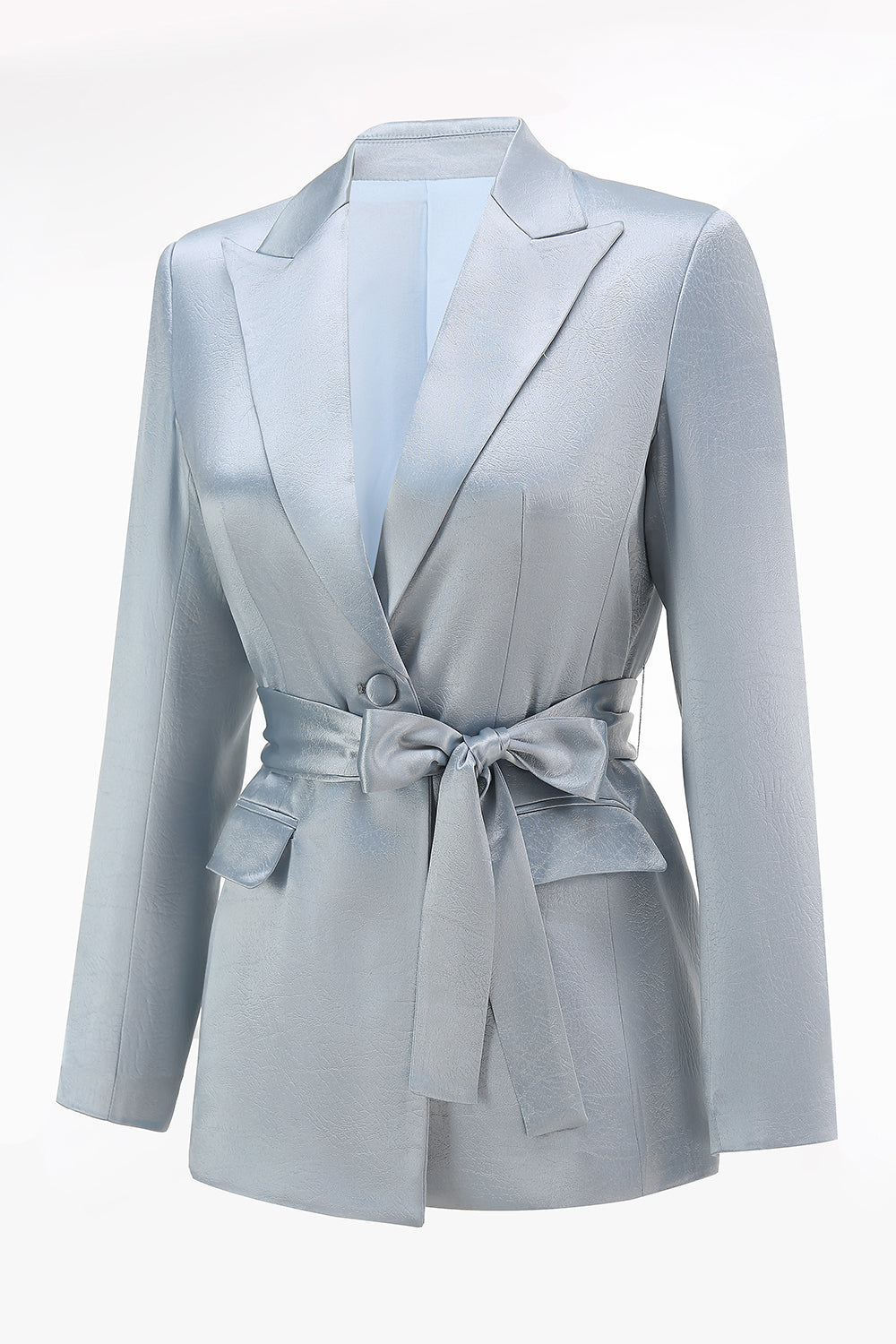 Dusty Blue Satin 2-Piece Women Work Suits With Sash