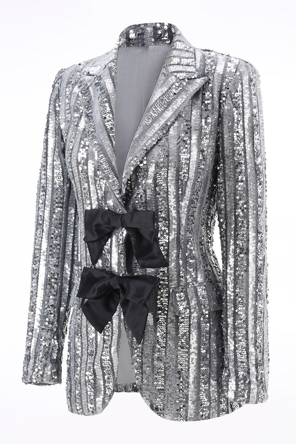 Silver Grey Sequin Peak Lapel Prom Blazer With Bows