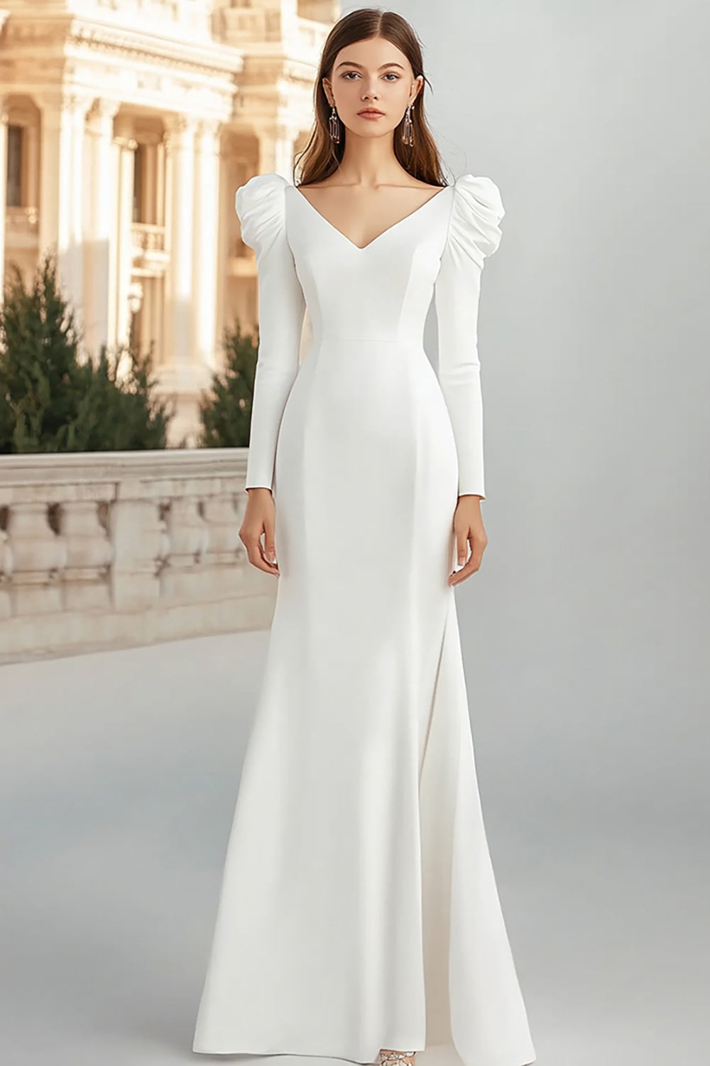Mermaid Ivory Long Sleeve V-Neck Engagement Dress