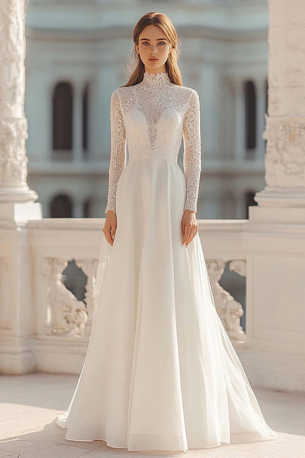 Modest Lace A Line Ivory High Neck Wedding Dress