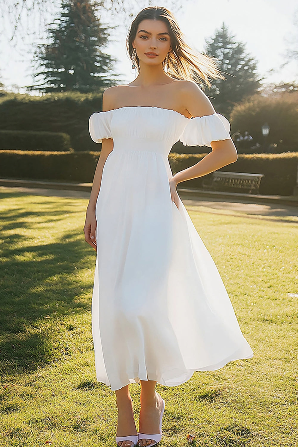 Off The Shoulder Ivory A Line Graduation Dress
