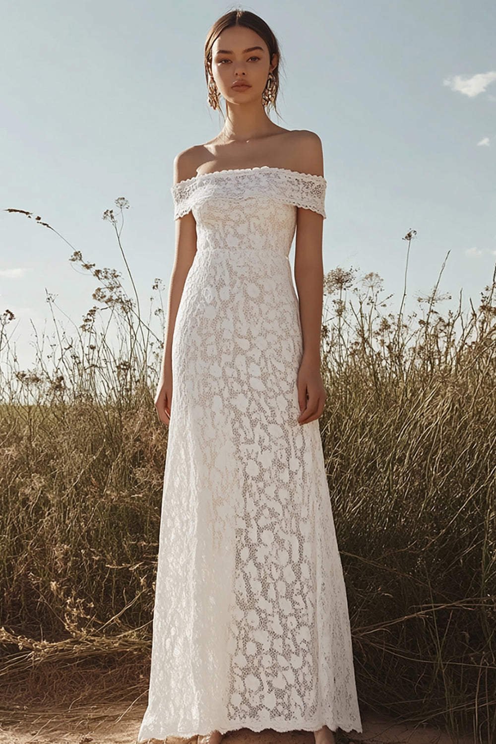 Lace Off The Shoulder Ivory A Line Wedding Dress