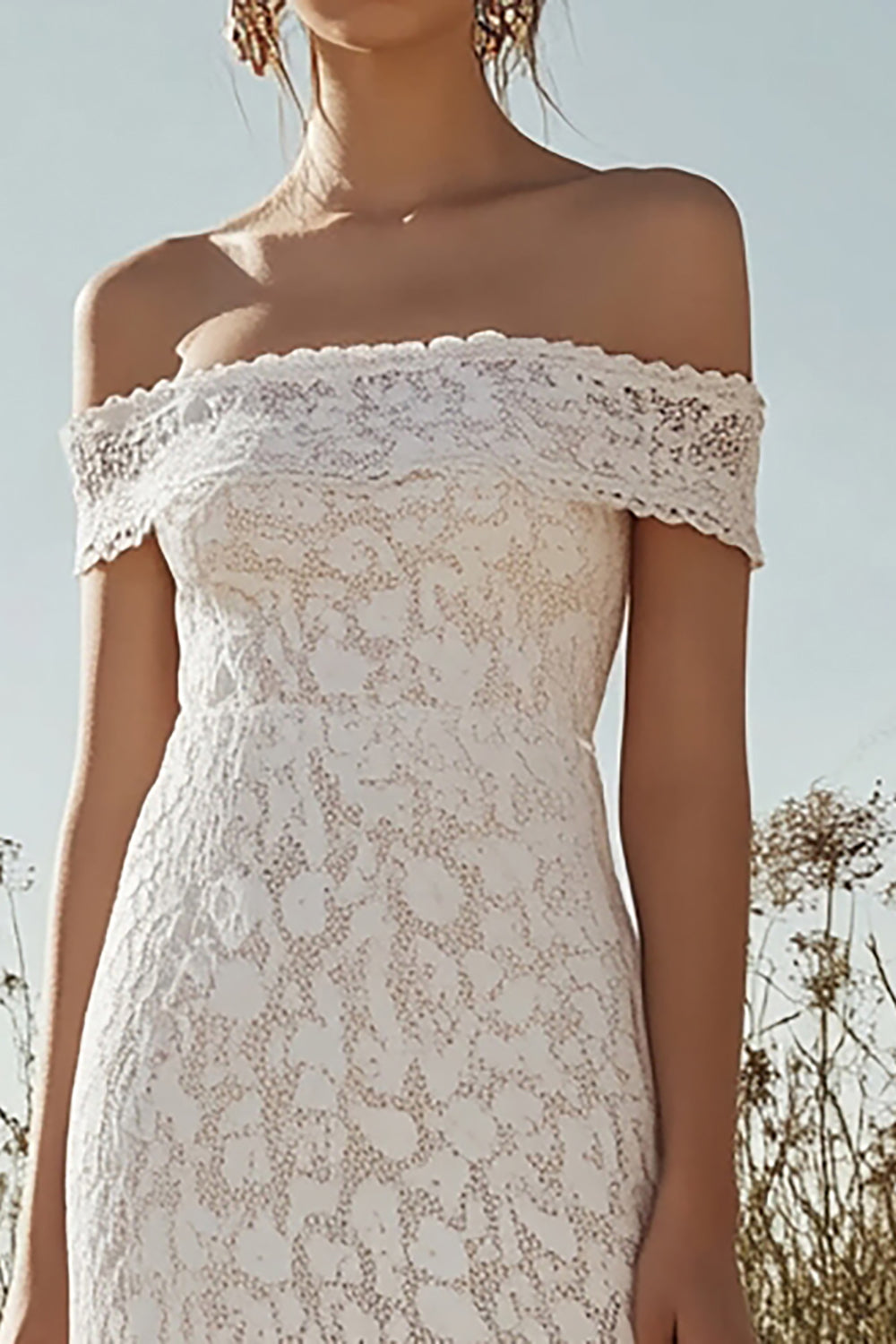 Lace Off The Shoulder Ivory A Line Wedding Dress