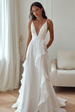 Ivory V-Neck A Line Wedding Dress with Ruffles