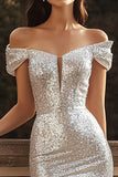 Sparkly Off The Shoulder Mermaid Silver Engagement Dress