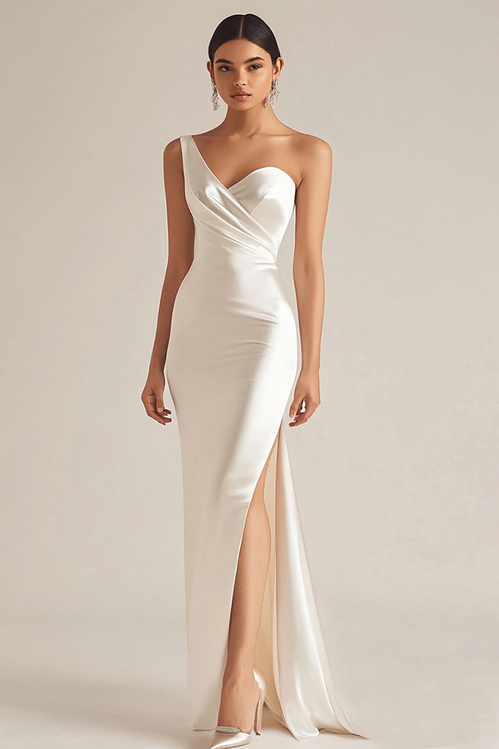 Ivory One Shoulder Sheath Engagement Dress with Slit