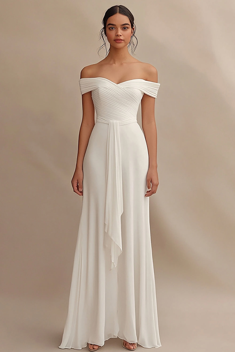 Off The Shoulder Sheath Ivory Wedding Dress with Sash