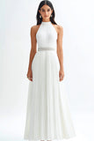 Ivory A Line High Neck Long Engagement Dress with Belt