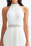 Ivory A Line High Neck Long Engagement Dress with Belt