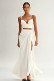 Mermaid Spaghetti Straps 2 Piece Ivory Engagement Dress with Slit