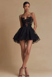 Cute A-Line Spaghetti Straps Little Black Dress With Appliques