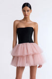 Strapless Tiered Black and Pink A-Line Cocktail Dress